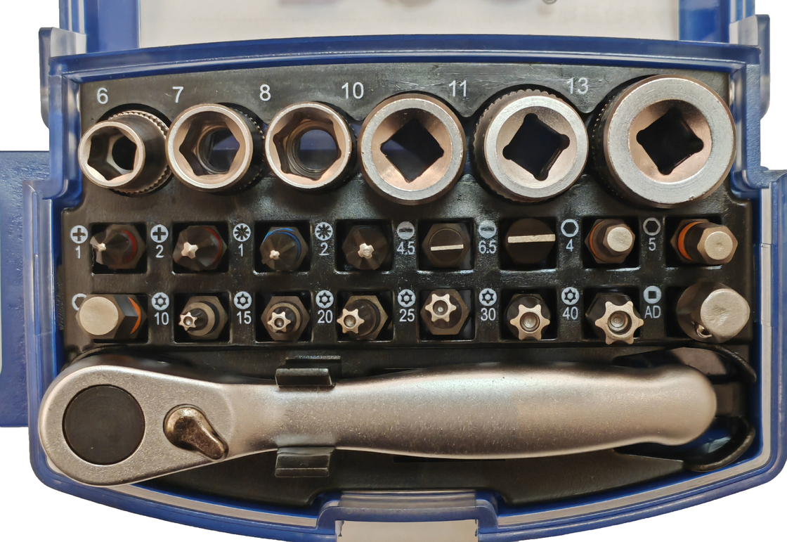 Steckschlüssel- und Bitsatz, 1/4-Zoll-Antrieb, 25-teilig, S2/CR-V-Stahl, mit drehbarem Gürtelclip. Mini-Ratschenschlüssel in einer stabilen Kunststoffbox